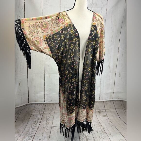 Rachel & Chloe Long Kimono Cardigan Coverup Fringed Multicolored - Picture 2 of 6